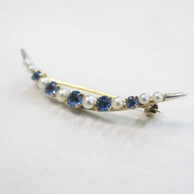 Vintage Ceylon Sapphire and Pearl Pin 14K Gold Curved Brooch
