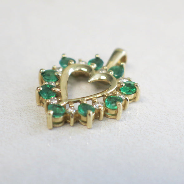 14K Gold Emerald Diamond Heart Pendant Vintage Style May Birthstone