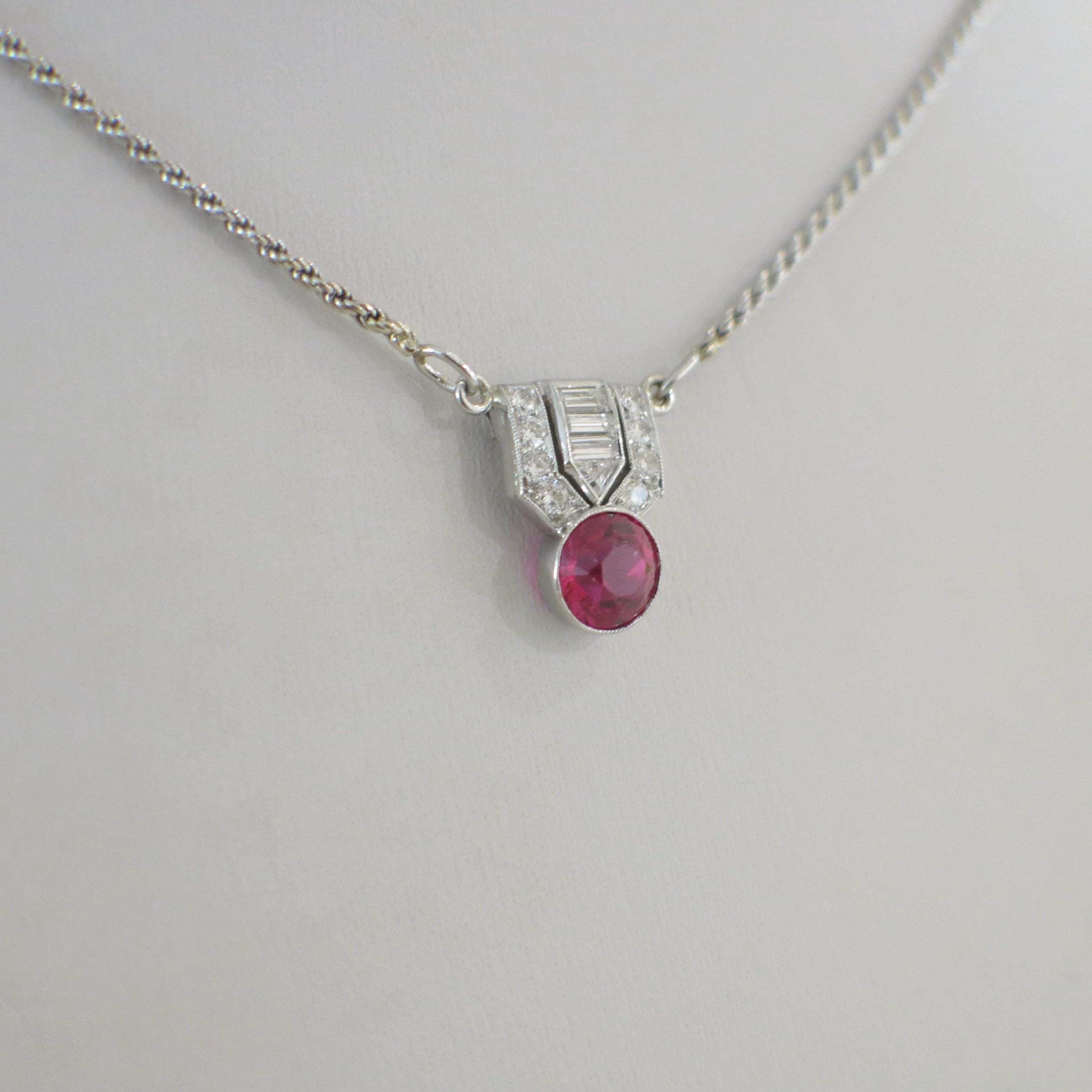 Art Deco 14K White Gold Diamond & Pink Glass Necklace – Vintage 1920s Style, 21 Inch - Black Market LLC