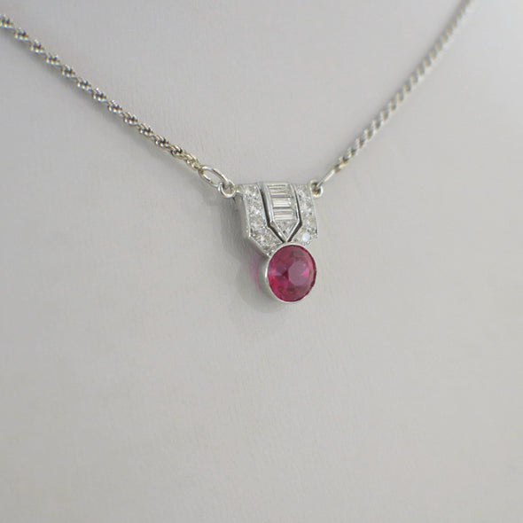 Art Deco 14K White Gold Diamond and Pink Glass Necklace | Vintage Style Pendant | 1920s Deco Jewelry