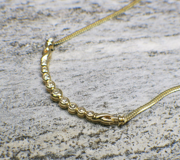 14K Yellow Gold Diamond Bar Necklace | Graduated Bezel-Set Curve with 9 Diamonds 17 Inch