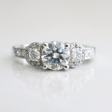 Vintage Style 14K White Gold Diamond Engagement Ring 1.10ct Center Three Stone Halo Milgrain Filigree Ring Size 5.5