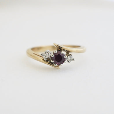 14K Gold Ruby and Diamond Bypass Ring – Vintage Two Tone Three Stone Size 6.75