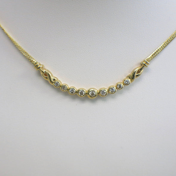14K Yellow Gold Diamond Bar Necklace | Graduated Bezel-Set Curve with 9 Diamonds 17 Inch