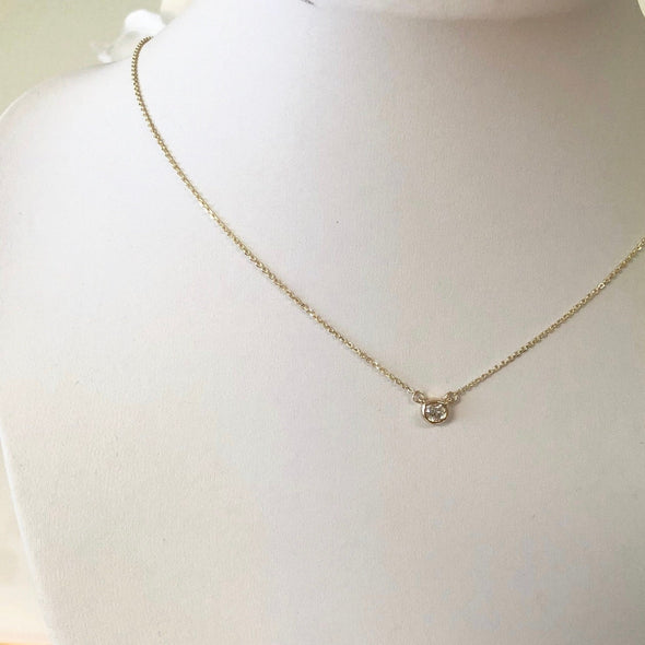 14K Gold Diamond Bezel Necklace – Custom Solitaire Pendant 16 or 18 Inch