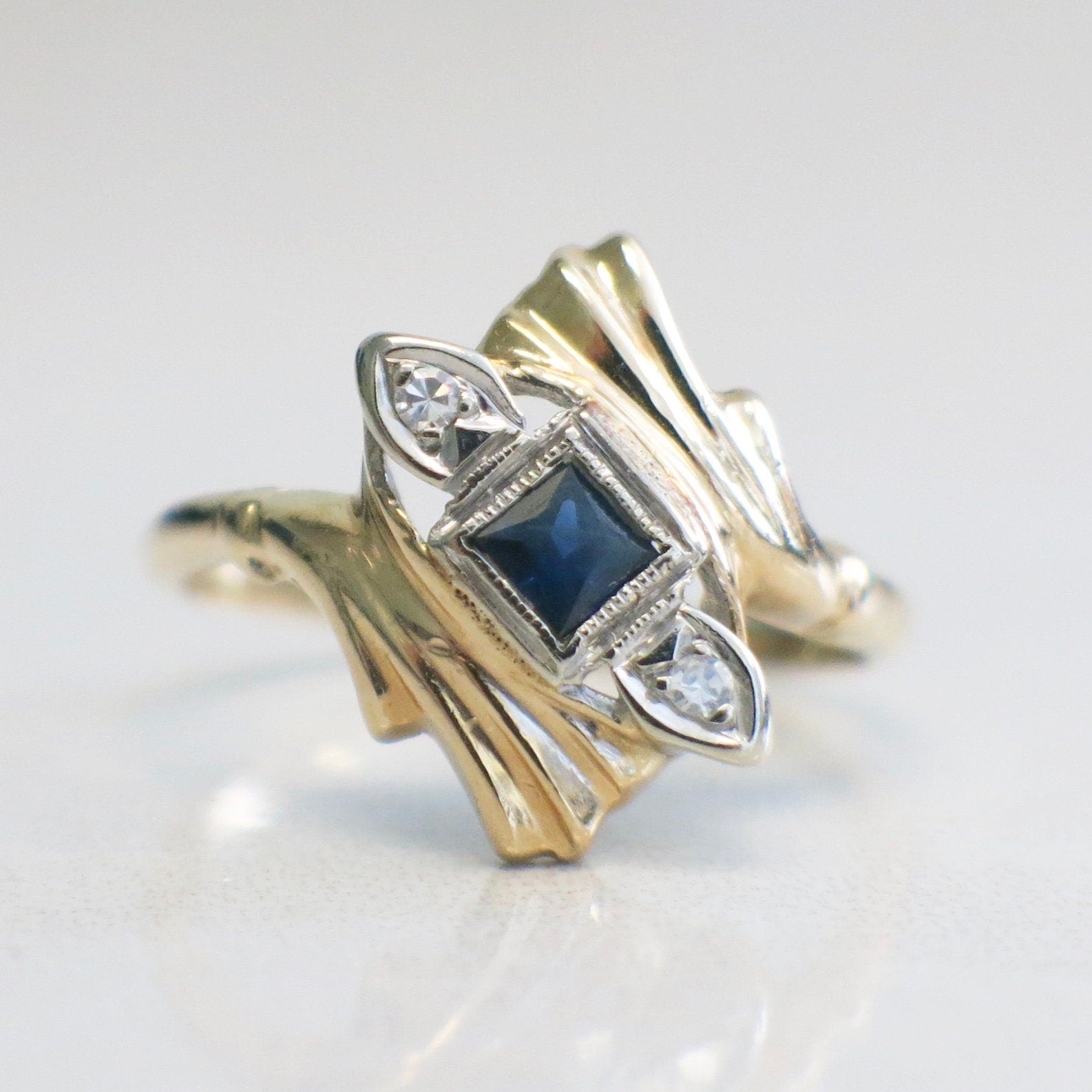 Vintage Sapphire & Diamond Ring | 14K Two-Tone Gold Princess Cut Milgrain Size 6 - Black Market LLC
