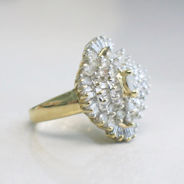 Diamond Cluster Cocktail Ring in 14K Yellow Gold – Marquise, Baguette & Round Diamonds, 1.16 CTW