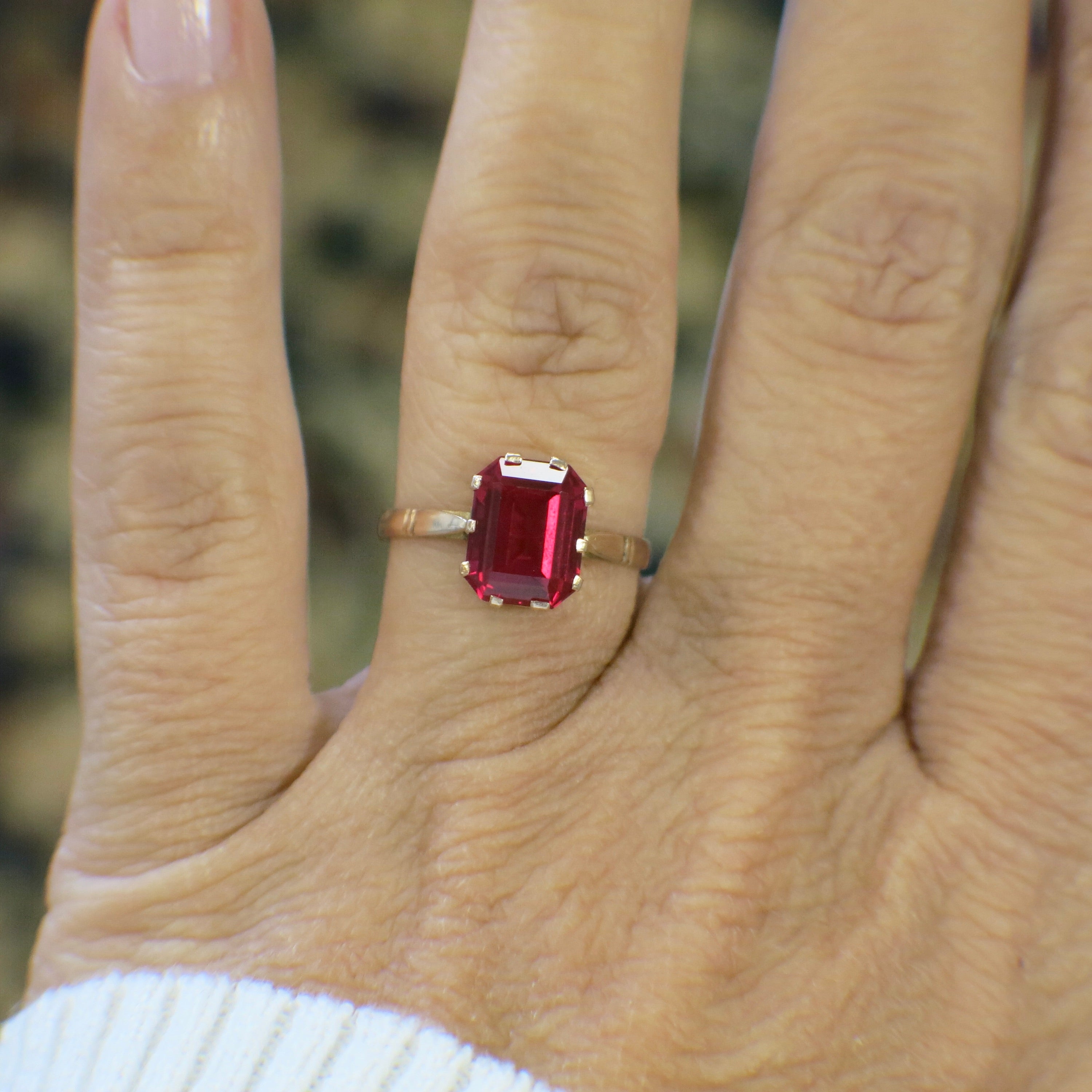 14K Yellow Gold Lab Ruby Ring – 9×7 mm Emerald Cut Vintage Ruby Solitaire