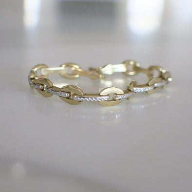 14K Two Tone Gold Oval Link Bracelet | Yellow & White Gold | 7.25 Inch | Textured Center | 9.9g | Classic Layering Chain Bracelet