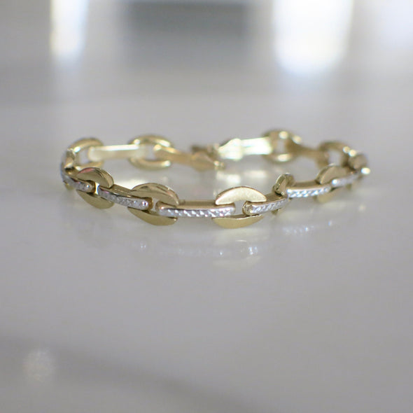14K Two-Tone Oval Link Bracelet | Yellow & White Gold 7.25 Inch | Textured Center 9.9g