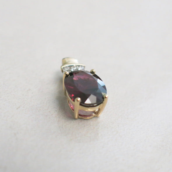 14K Yellow Gold Garnet and Diamond Pendant | Vintage Rhodolite Oval