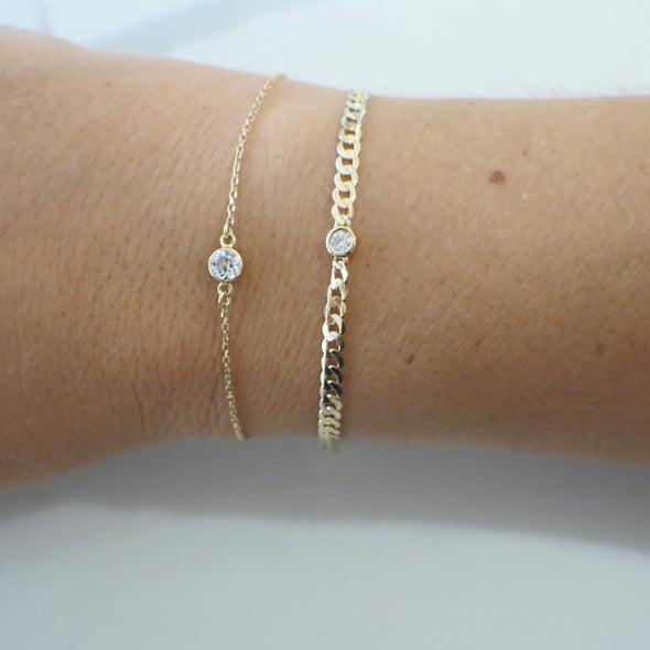 14K Yellow Gold Bezel Set Diamond Curb Chain Bracelet, .10 CT Natural Diamond, Minimalist Layering Bracelet