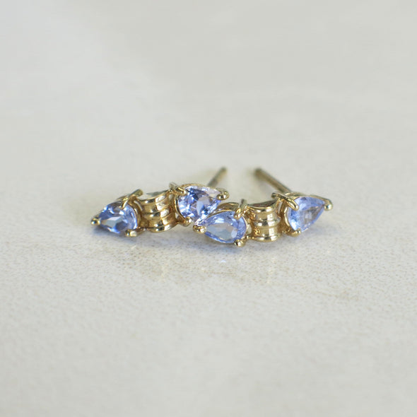 14K Yellow Gold Tanzanite Stud Earrings | Violet Pear Cut Petite Cuff