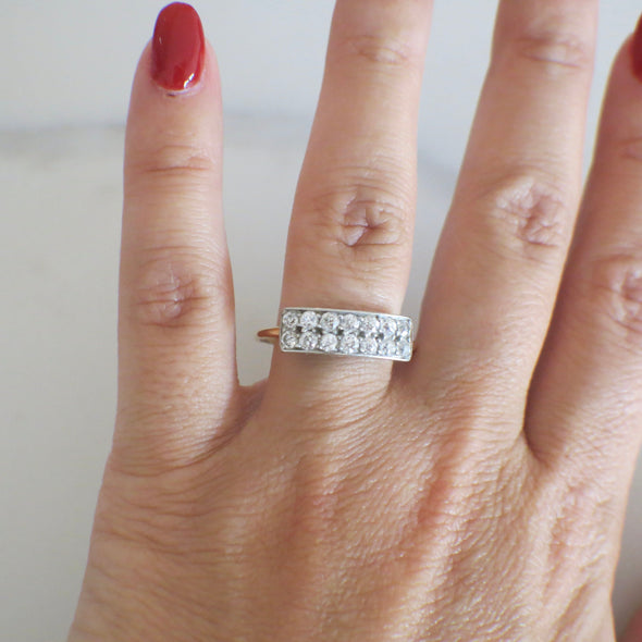 Art Deco Double Row Diamond Ring in 14K Yellow Gold and Platinum, Vintage Old European Cut Diamond Band