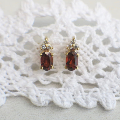 Vintage Garnet & Diamond Earrings | 14K Yellow Gold Studs January Birthstone