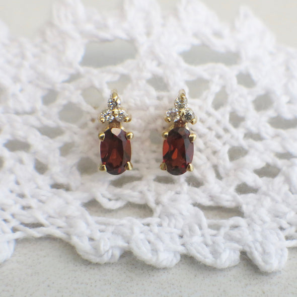 Vintage Garnet & Diamond Earrings | 14K Yellow Gold Studs January Birthstone
