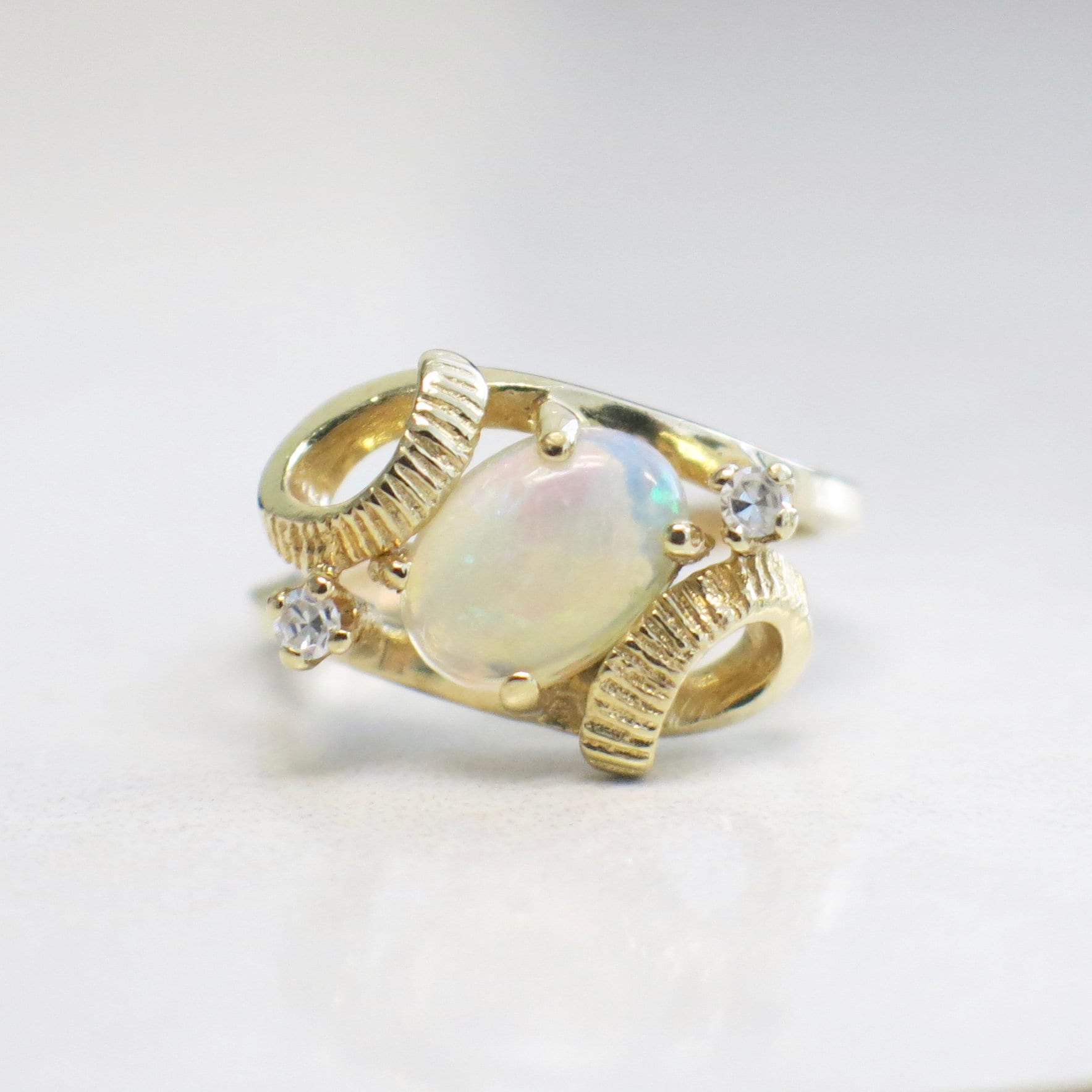 Vintage 14K Yellow Gold White Opal and Diamond Ring | Oval Opal with European Shank Size 4 - Black Market LLC
