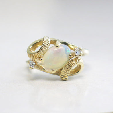 Vintage 14K Yellow Gold White Opal and Diamond Ring | Oval Opal with European Shank Size 4