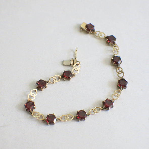 10K Yellow Gold Garnet Heart Link Bracelet, Vintage Hexagon Tennis Bracelet, January Birthstone Jewelry
