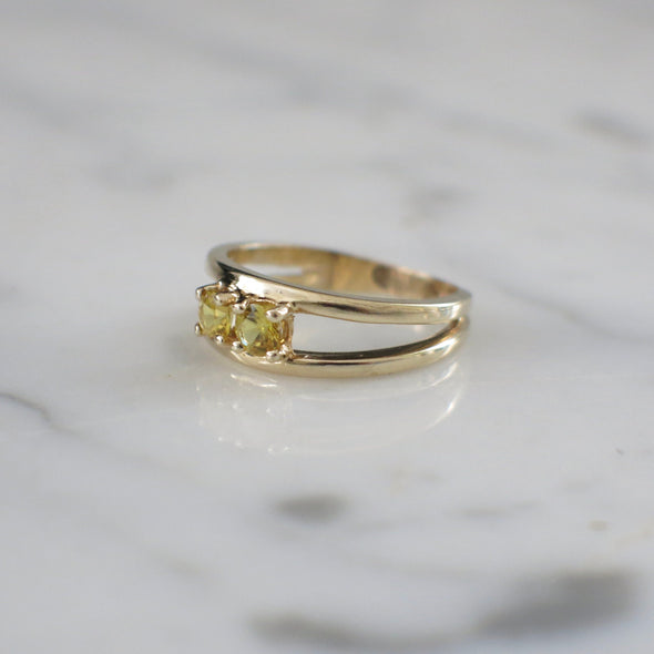 14K Yellow Gold Citrine Double Stone Ring Open Band Vintage November Birthstone Jewelry