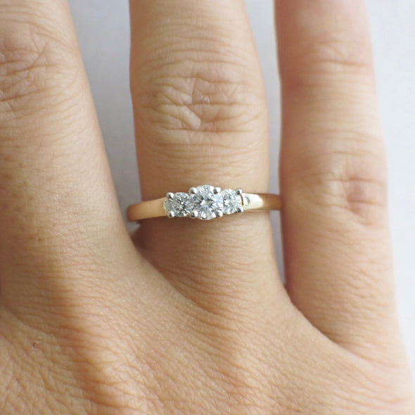 Three Stone Diamond Ring 14K Yellow Gold Platinum Head .45ct Engagement Ring Size 6