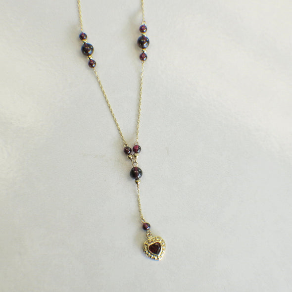 14K Gold Garnet Bead Drop Necklace with Heart Charm | Rhodolite Garnet Dangle