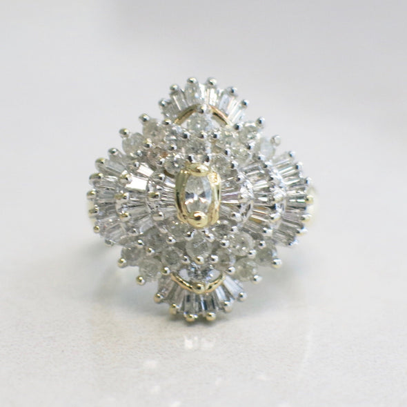 Diamond Cluster Cocktail Ring in 14K Yellow Gold – Marquise, Baguette & Round Diamonds, 1.16 CTW