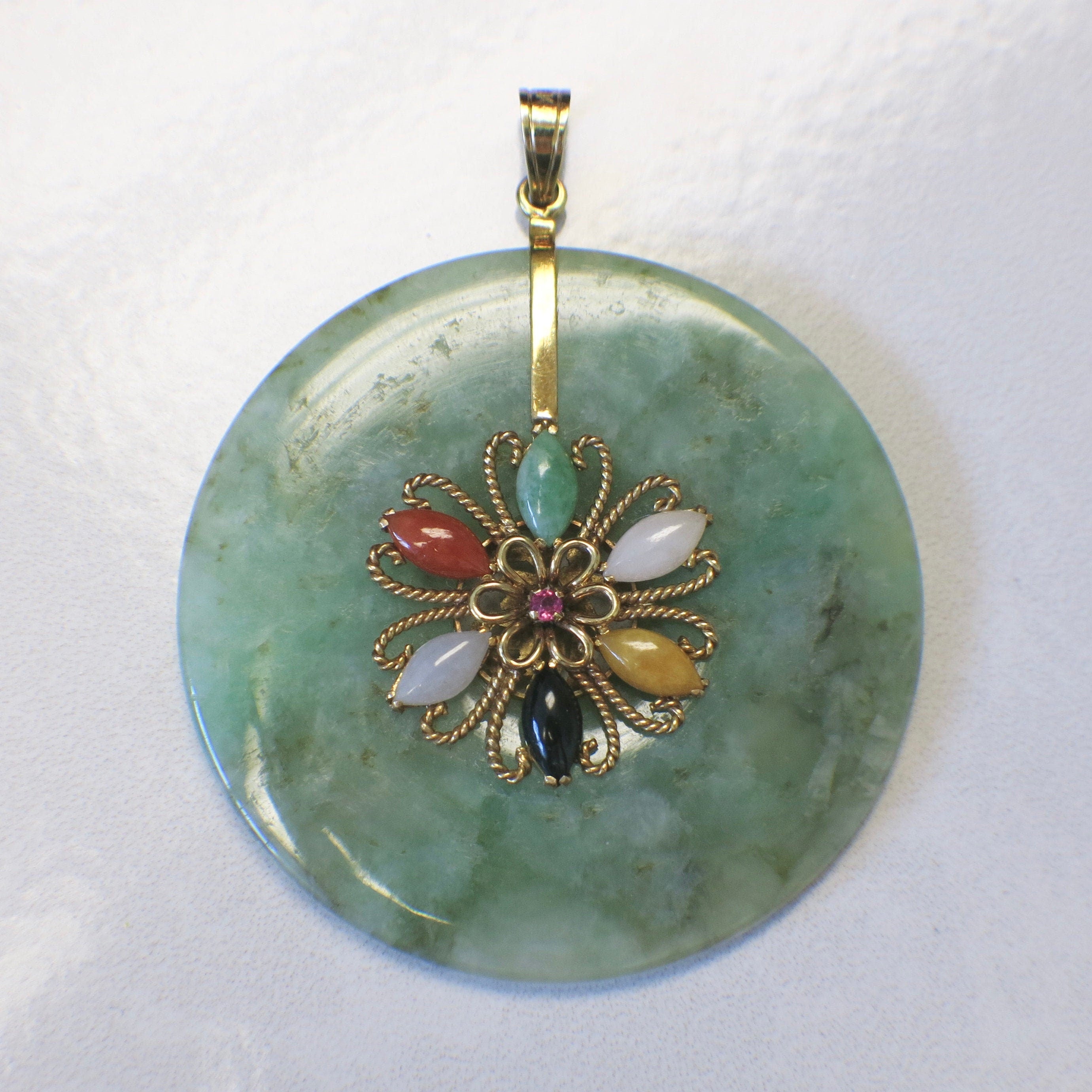 Large Green Jade Pendant with 14K Gold Floral Detail | Multicolor Jade Cabochons & Pink Sapphire - Black Market LLC
