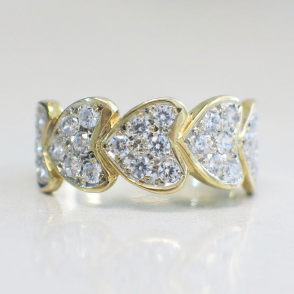 14K Yellow Gold Pave Diamond Heart Ring, Stacking Hearts Band, Diamond Band Gift for Her