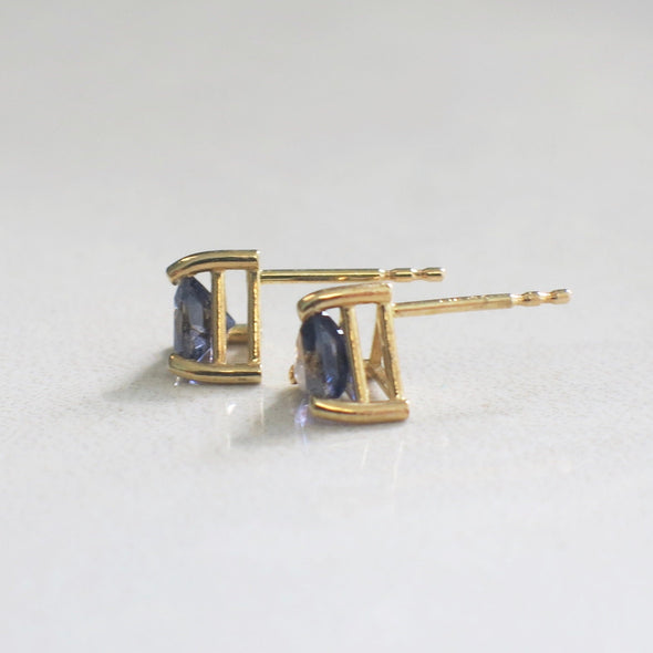 Trillion Violet Quartz Stud Earrings 14K Yellow Gold Triangle Cut