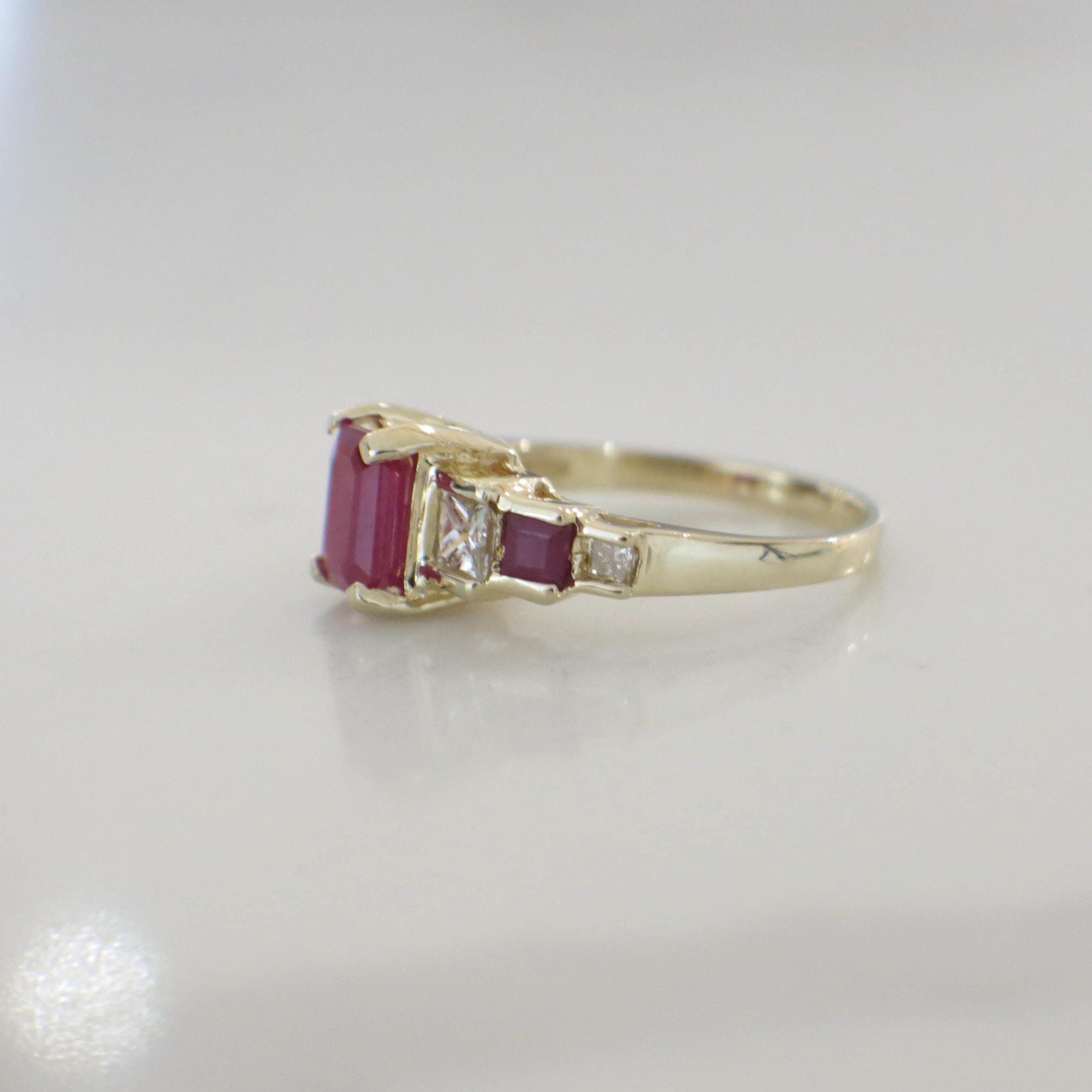 14K Yellow Gold Ruby and Diamond Ring | Emerald Cut Ruby with Side Accents Size 6.75 - Black Market LLC