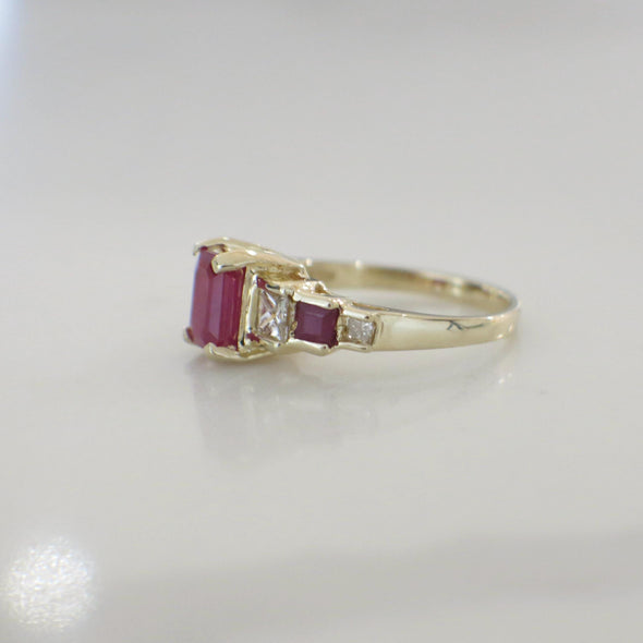 14K Yellow Gold Ruby and Diamond Ring | Emerald Cut Ruby with Side Accents Size 6.75