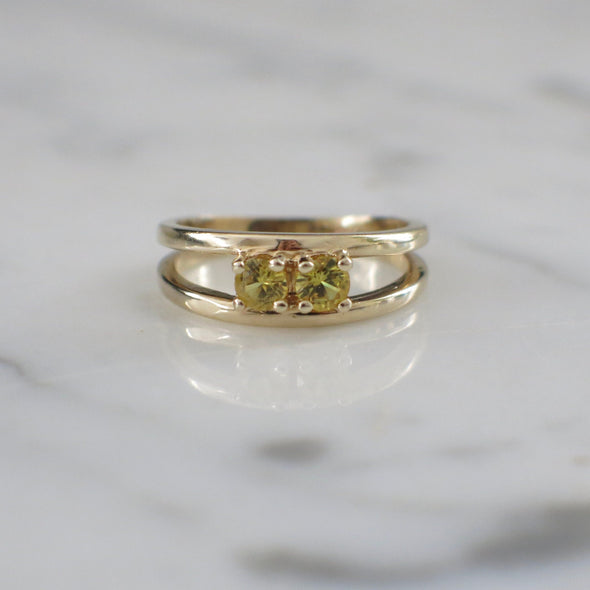 14K Yellow Gold Citrine Double Stone Ring Open Band Vintage November Birthstone Jewelry