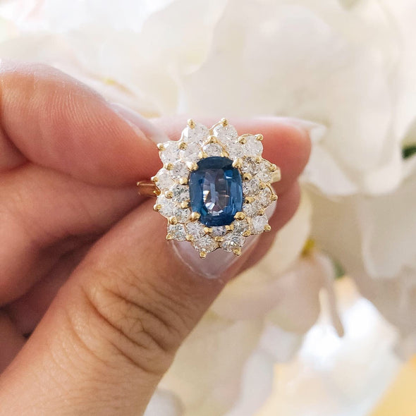 Oval Blue Sapphire Diamond Ring 14K Yellow Gold Double Halo Floral Design 1.8ct Sapphire 1.62ctw VS2-SI1 Size 5.5 Alternative Engagement