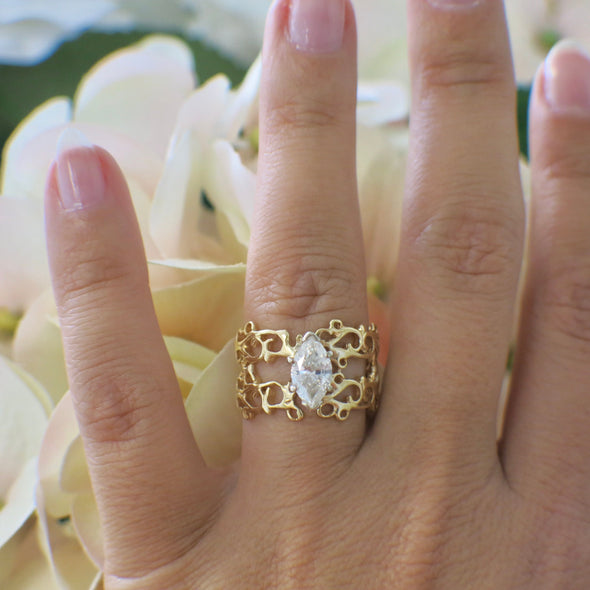 18K Yellow Gold Scroll Wide Band Ring – 1.00 CT Marquise Diamond Solitaire, Handmade Design, Size 7