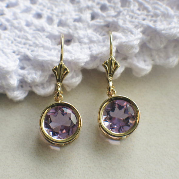 14K Gold Amethyst Dangle Earrings Bezel Set February Birthstone Jewelry