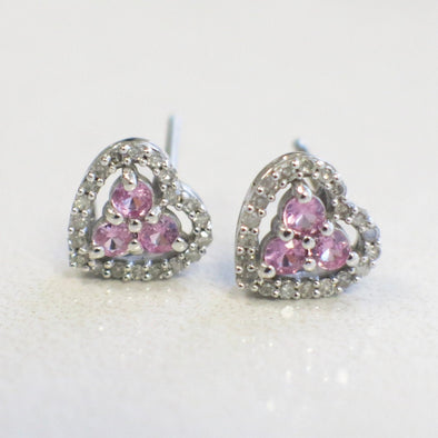 14K White Gold Pink Sapphire Diamond Heart Earrings Cluster Halo Valentine’s Jewelry