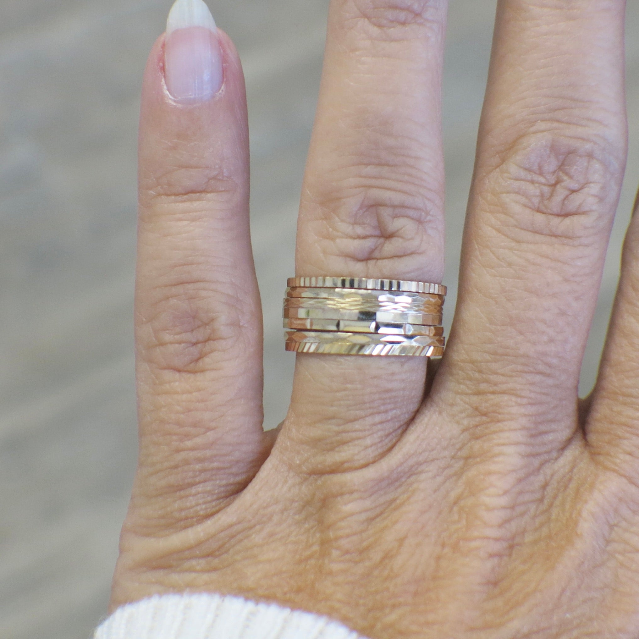 19.2K Yellow Gold Wide Ring – 10mm Multi-Band Textured High Karat Gold Band (Size 6.5)