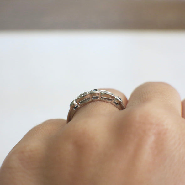 10K White Gold Diamond and Sapphire Band Vintage Bezel Stackable Ring