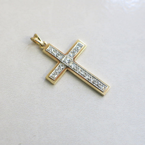 18K Gold Diamond Cross Pendant – Vintage Two Tone Milgrain .85 CTW VS1 E-F, Yellow & White Gold, Religious Jewelry