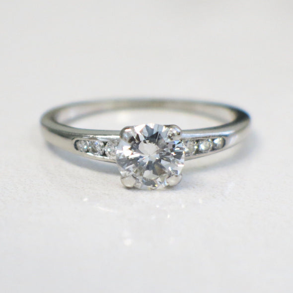 18K White Gold Diamond Engagement Ring | .85ct Center with Channel-Set Accents, Vintage Style Size 8
