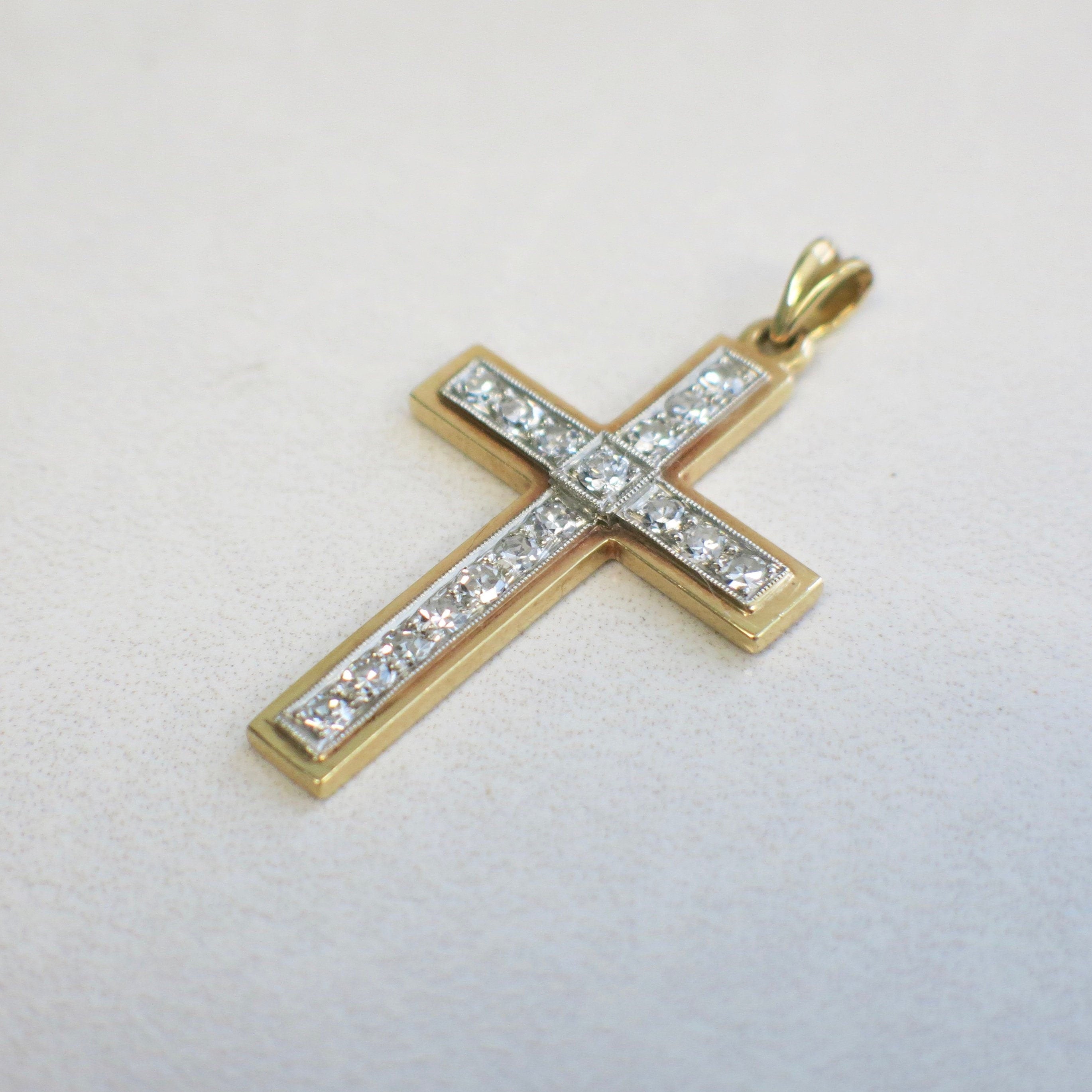 18K Gold Diamond Cross Pendant – Vintage Two-Tone Milgrain, 0.85 CTW - Black Market LLC