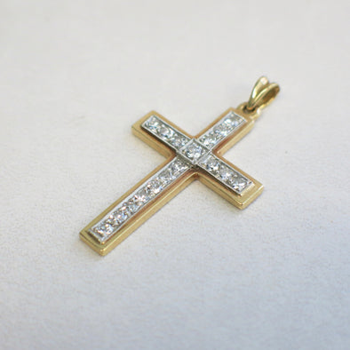 18K Gold Diamond Cross Pendant – Vintage Two Tone Milgrain .85 CTW VS1 E-F, Yellow & White Gold, Religious Jewelry