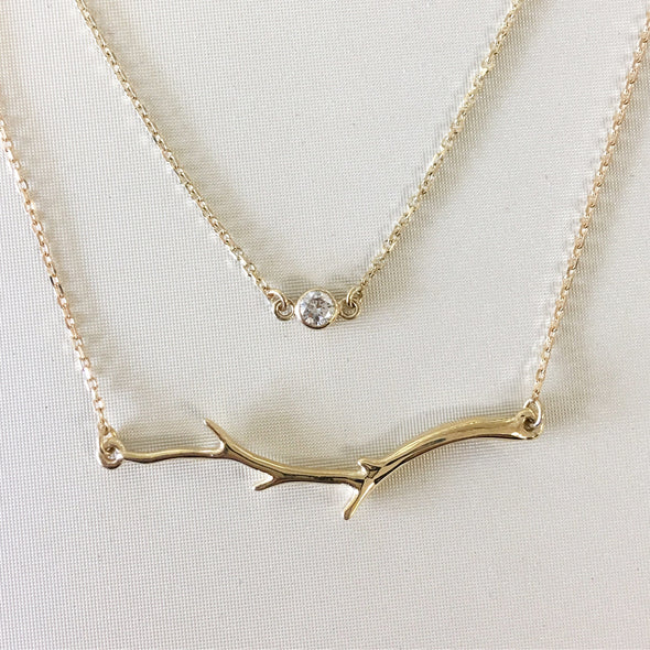 14K Gold Branch Bar Necklace | Nature-Inspired Leaf Twig Layering Necklace Adjustable 16–18 Inch