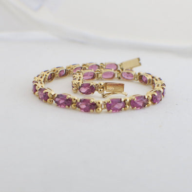 14K Yellow Gold Rhodolite Garnet Tennis Bracelet, Oval East West Set, Purple Red Gemstone, January Birthstone Jewelry