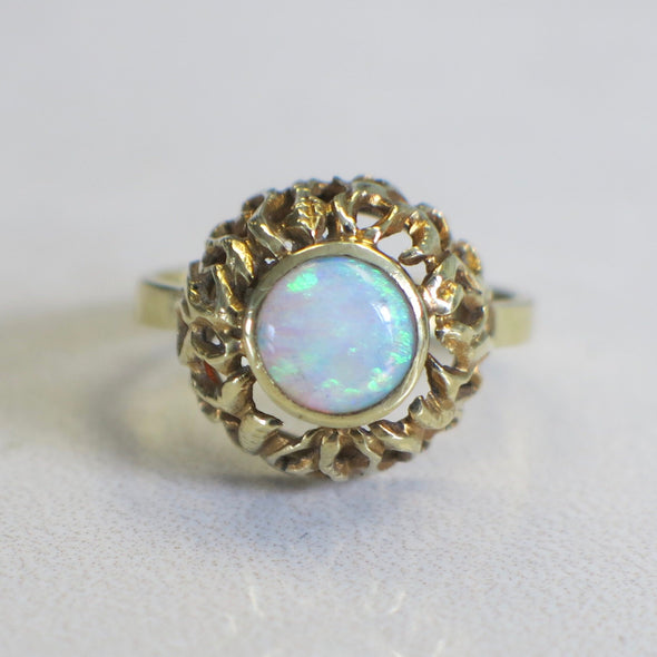 Vintage 14K Yellow Gold Opal Ring | Bezel Set Round Cabochon October Birthstone
