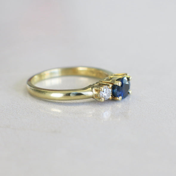 18K Yellow Gold Sapphire and Diamond Three Stone Ring | East-West Sapphire Engagement Ring