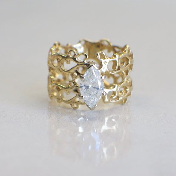 18K Yellow Gold Scroll Wide Band Ring – 1.00 CT Marquise Diamond Solitaire, Handmade Design, Size 7