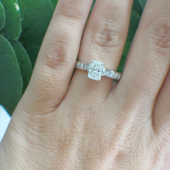 14K White Gold Radiant Cut Diamond Engagement Ring – 1.61 CTW, Channel Set Band, Cathedral Style, Size 7.5