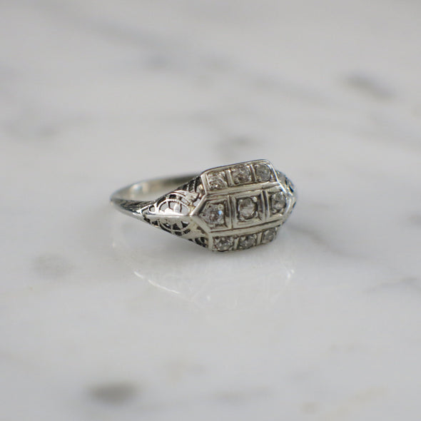 Art Deco Diamond Filigree Ring 14K White Gold Vintage Engagement .21 CTW